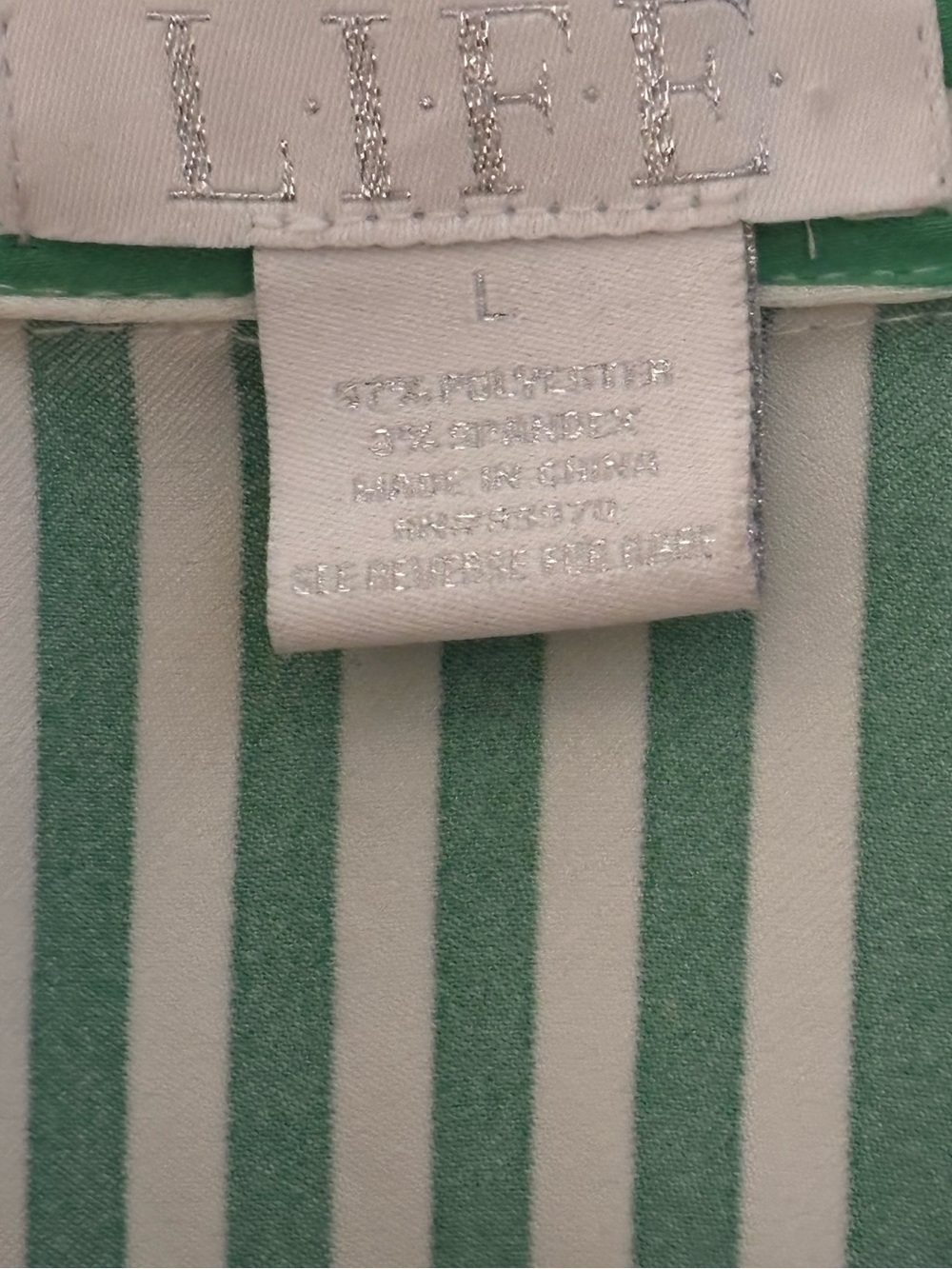 Green & White Striped Silk Button-Up Blouse size L, Non Iron brand LIFE - Picture 4 of 8